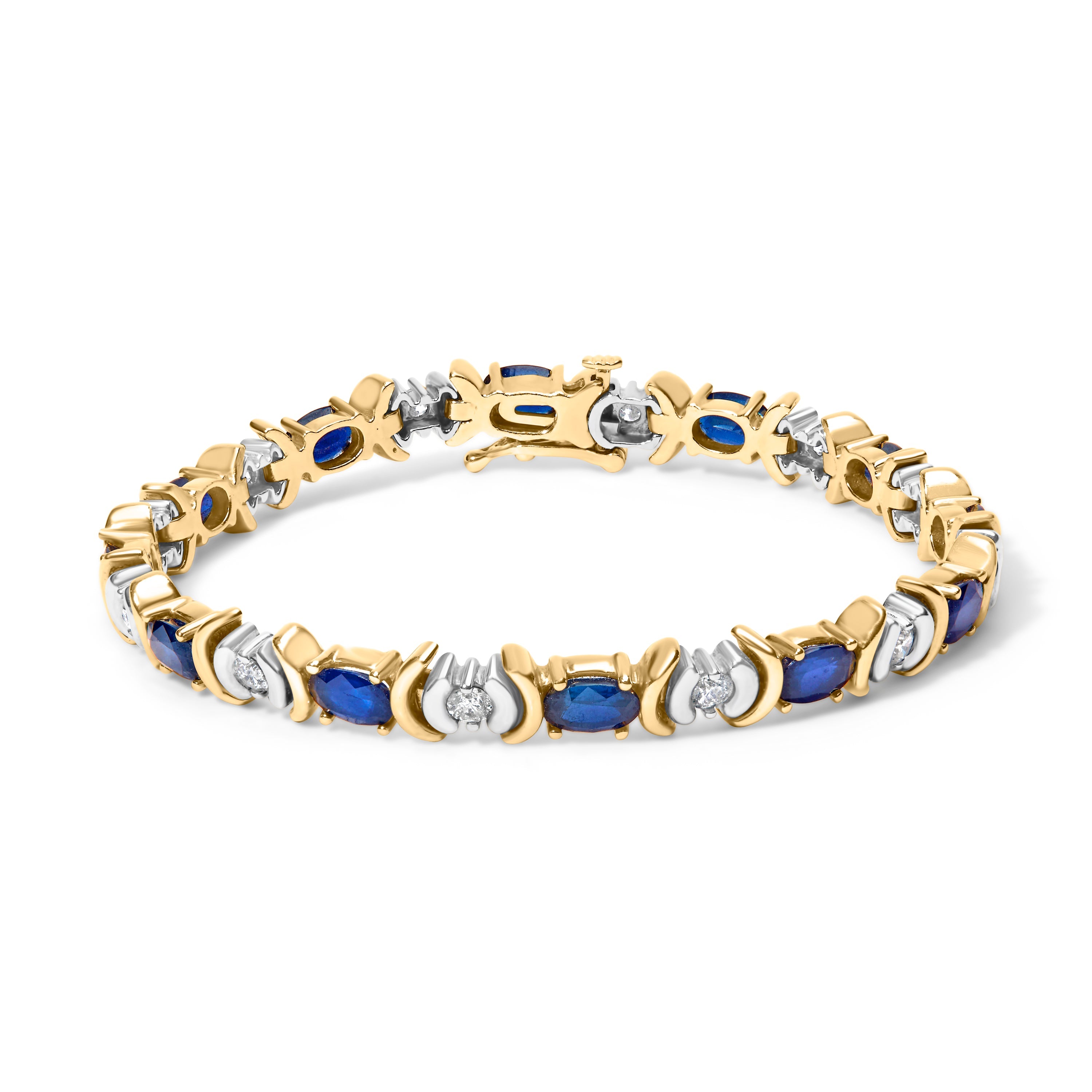 14K Yellow Gold 1.00 Cttw Alternating Diamond and 6 1/2 Cttw Oval Blue Sapphire Link Bracelet (H-I Color, SI1-SI2 Clarity) - 7" Inches