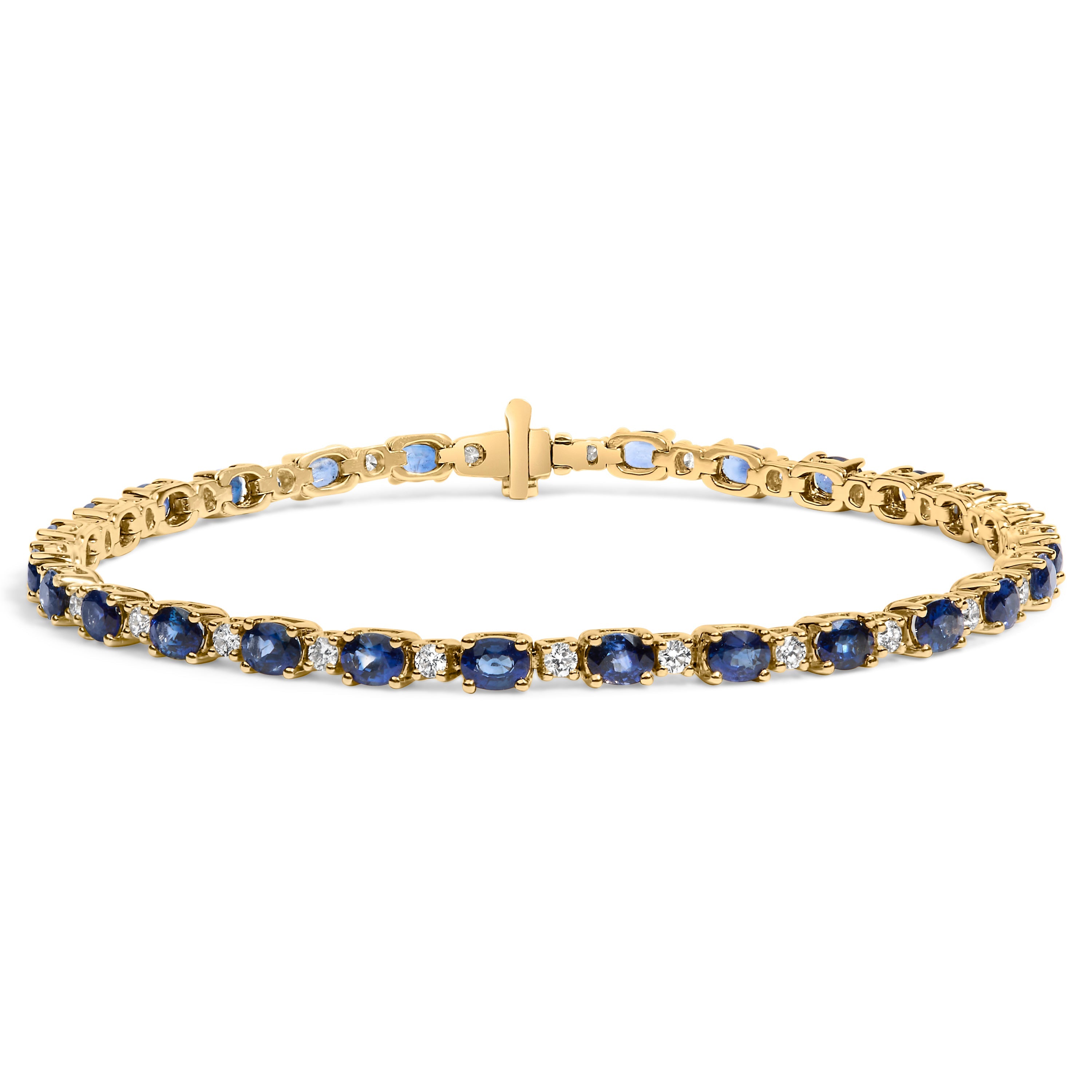 18K Yellow Gold 3/4 Cttw Diamond and 5 1/3 Cttw Oval Blue Sapphire Alternating Link Bracelet (G-H Color, VS1-VS2 Clarity) - 7.25" Inches
