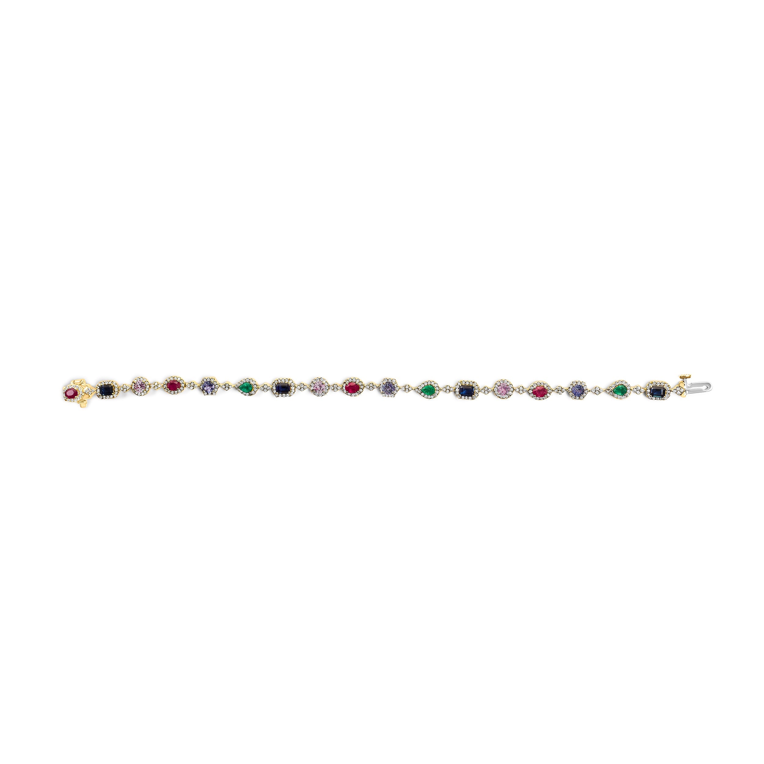 14K Yellow Gold Multi-Gemstone and Diamond Halo Rainbow Link Bracelet