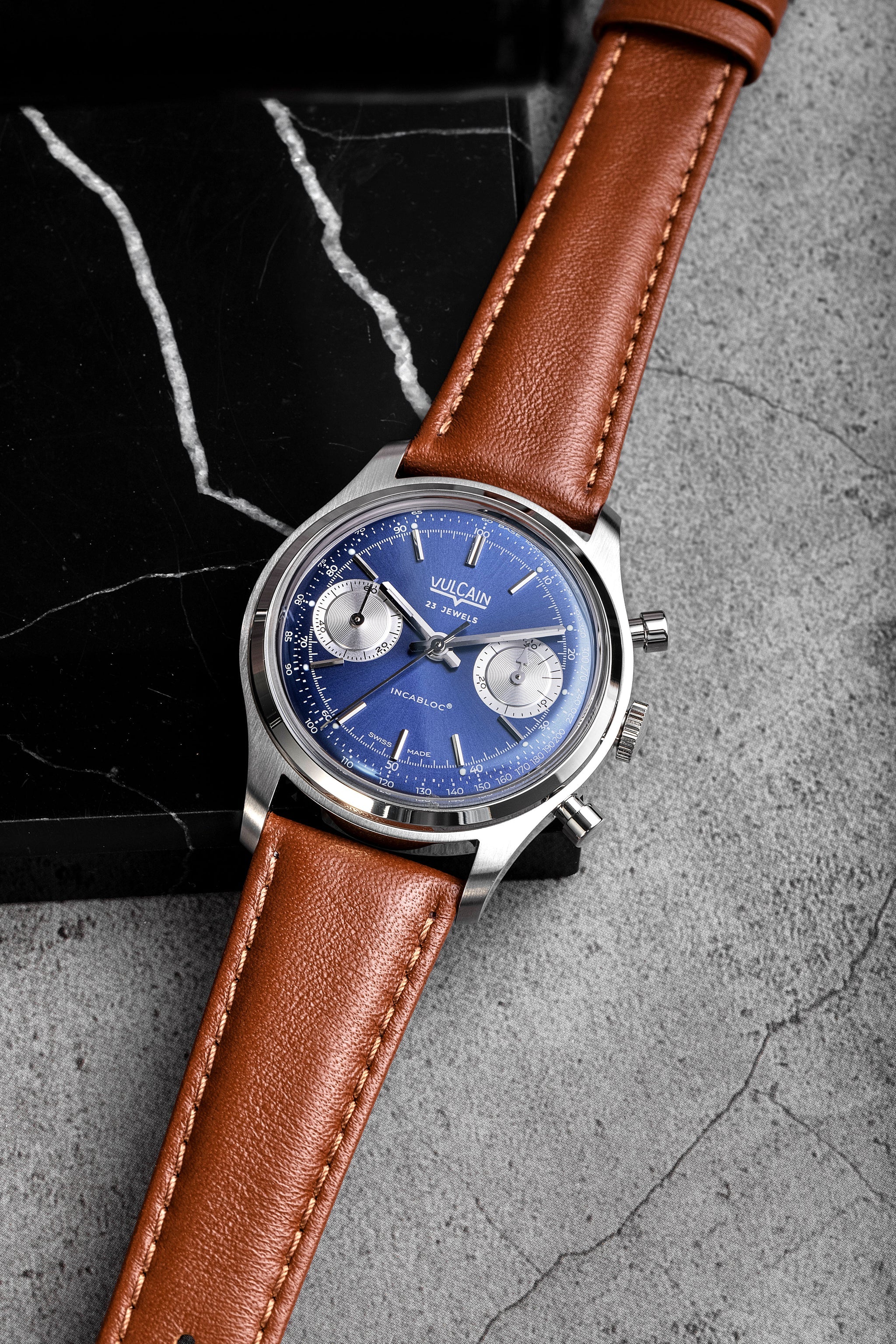 1970sヴィンテージ【160×75】ベニワレン 人気ダイヤ柄 Vulcain Chronograph 1970's Blue (38mm) 640109A30