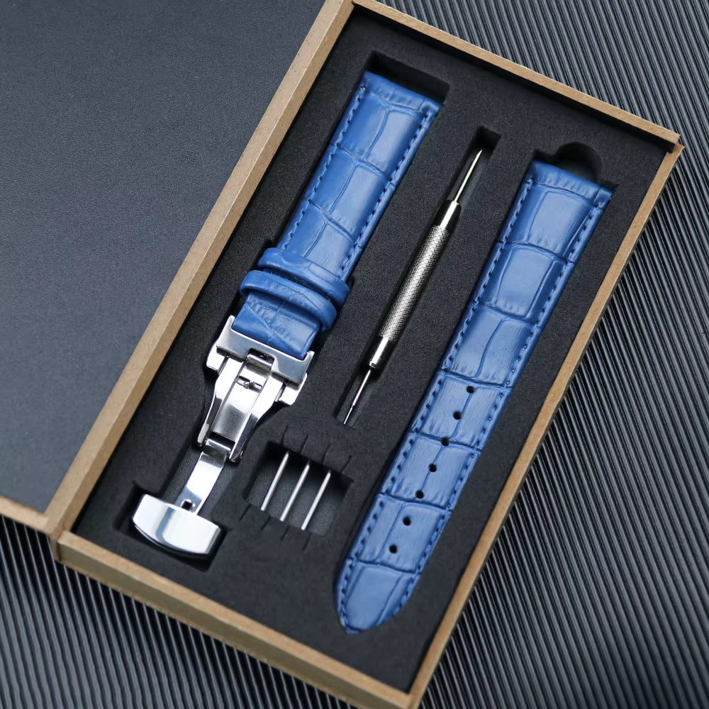 Blue Top Grain Leather Padded Watch Strap Kit