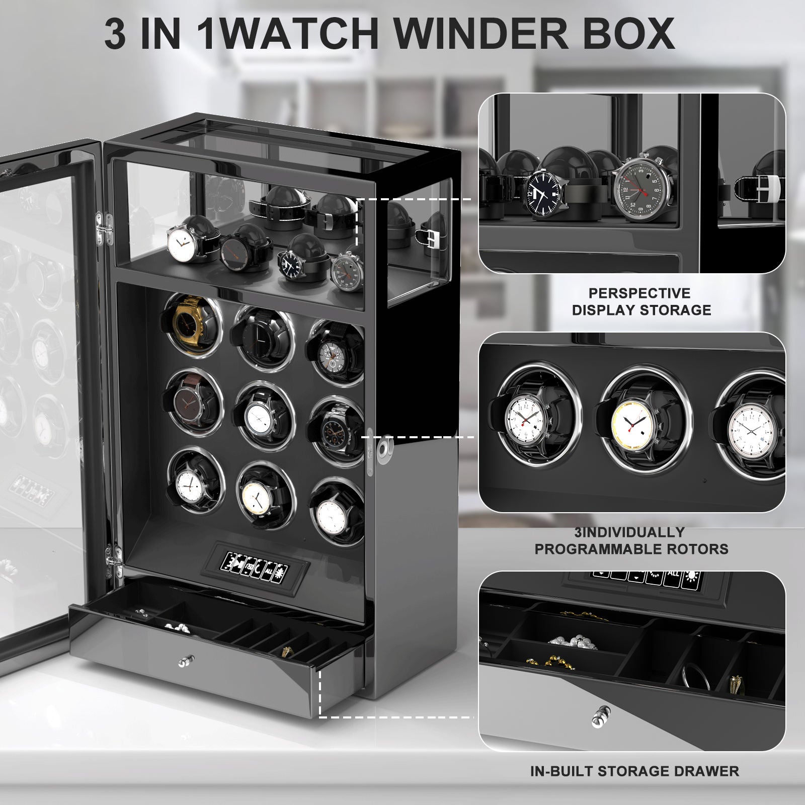 Tachymeters 3 Watch Programmable Watch Winder With Storage - Black
