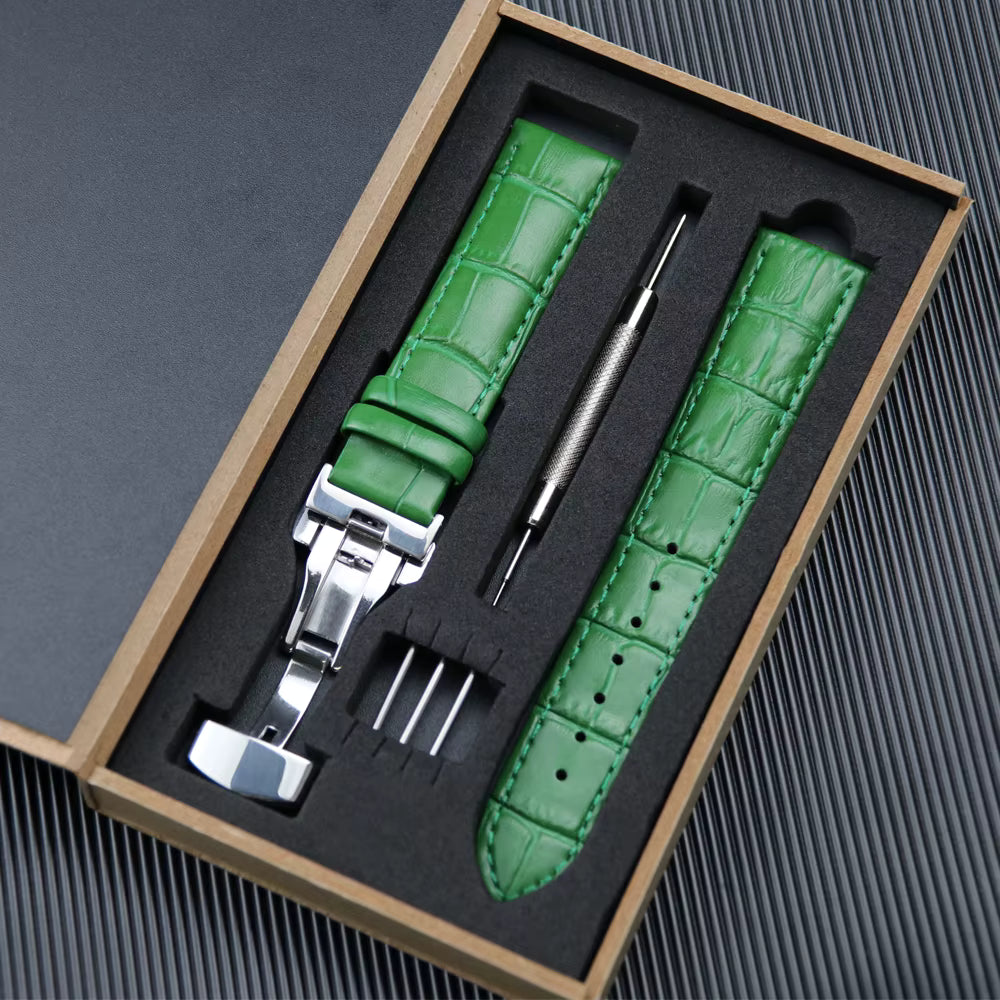 Green Top Grain Leather Padded Watch Strap Kit