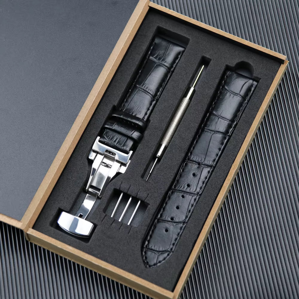 Black Top Grain Leather Padded Watch Strap Kit