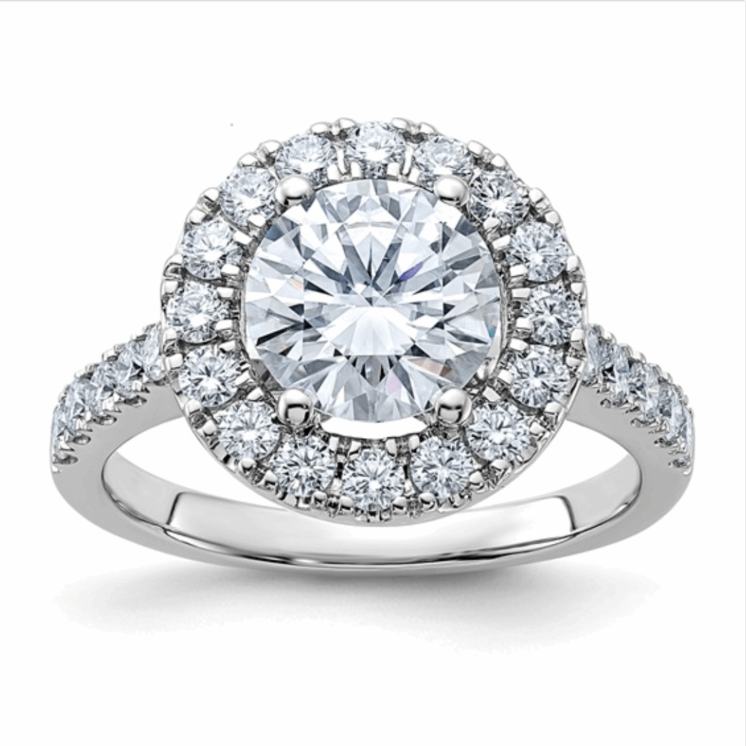 14kw 2 5/8ct. Colorless Pure Light Round Halo Moissanite Engagement Ring
